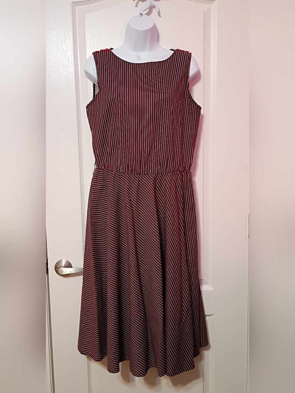Micro striped sleeveless Fit And Flare Circle Skirt Midi Dress. Handmade Vintage